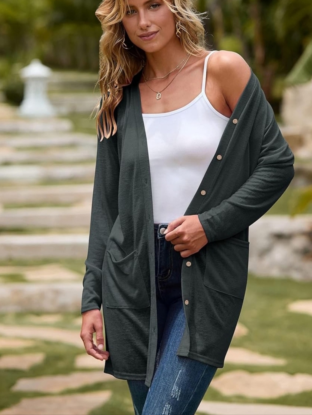 Casual Dark Green Button-Front Cardigan with Pockets